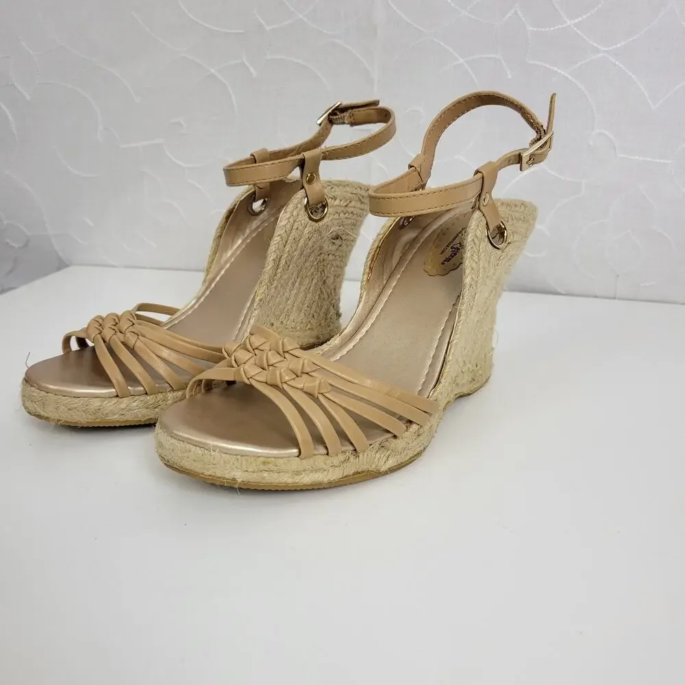 Self Esteem Womens Sandals Size 9 Brown Cork Strap Slingback Wedge Heels